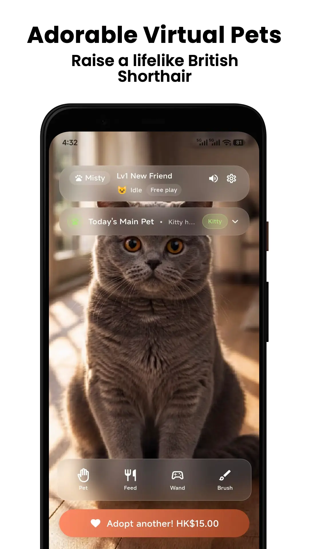 Hi Pet screen showing a British Shorthair virtual cat ready for adoption