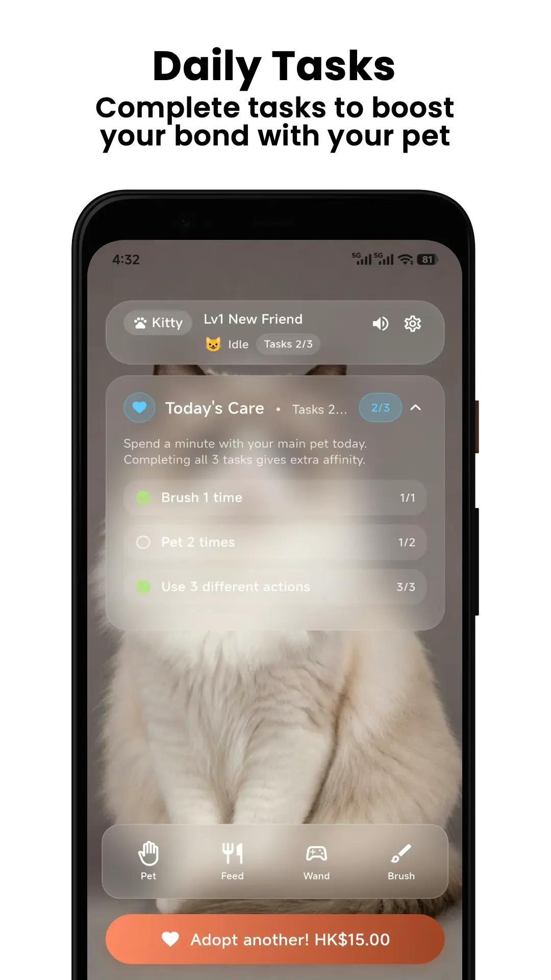 Hi Pet daily care tasks for brushing, petting, and playing with a virtual cat