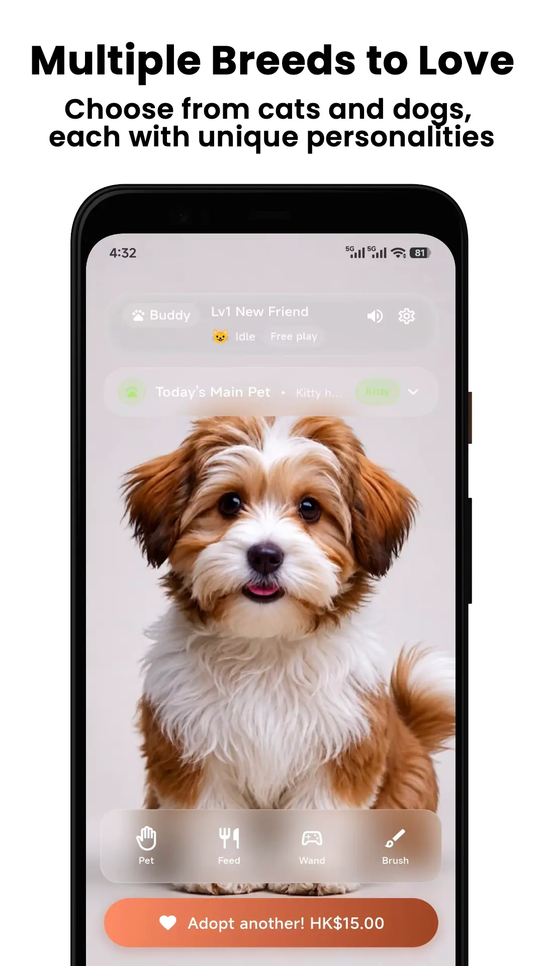 Hi Pet screen showing an adopted Havanese virtual dog and pet care controls